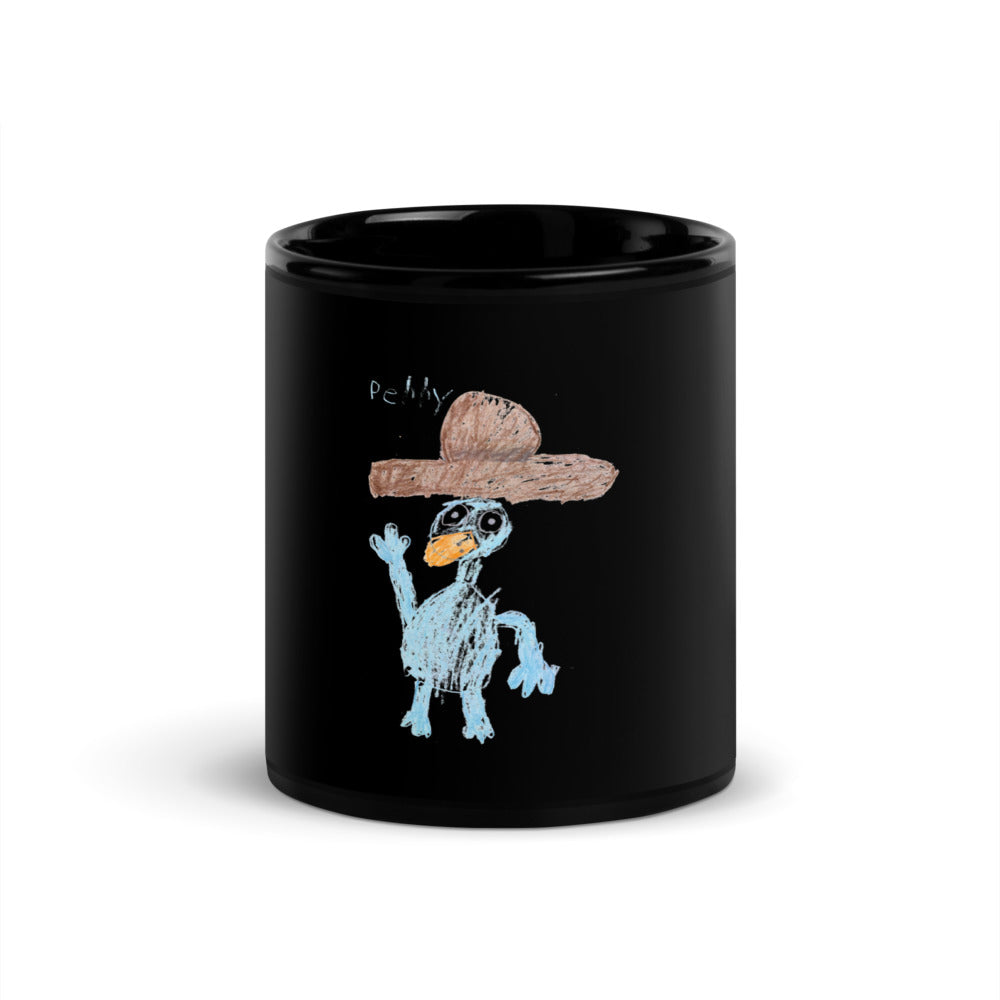 Perry the platypus, drawn by Theo (age 7), on a black glossy mug