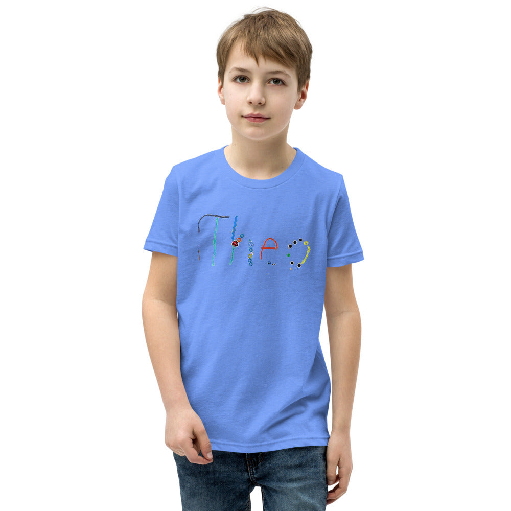 Theo 7 — Youth Staple Tee — Heather Columbia Blue (front)
